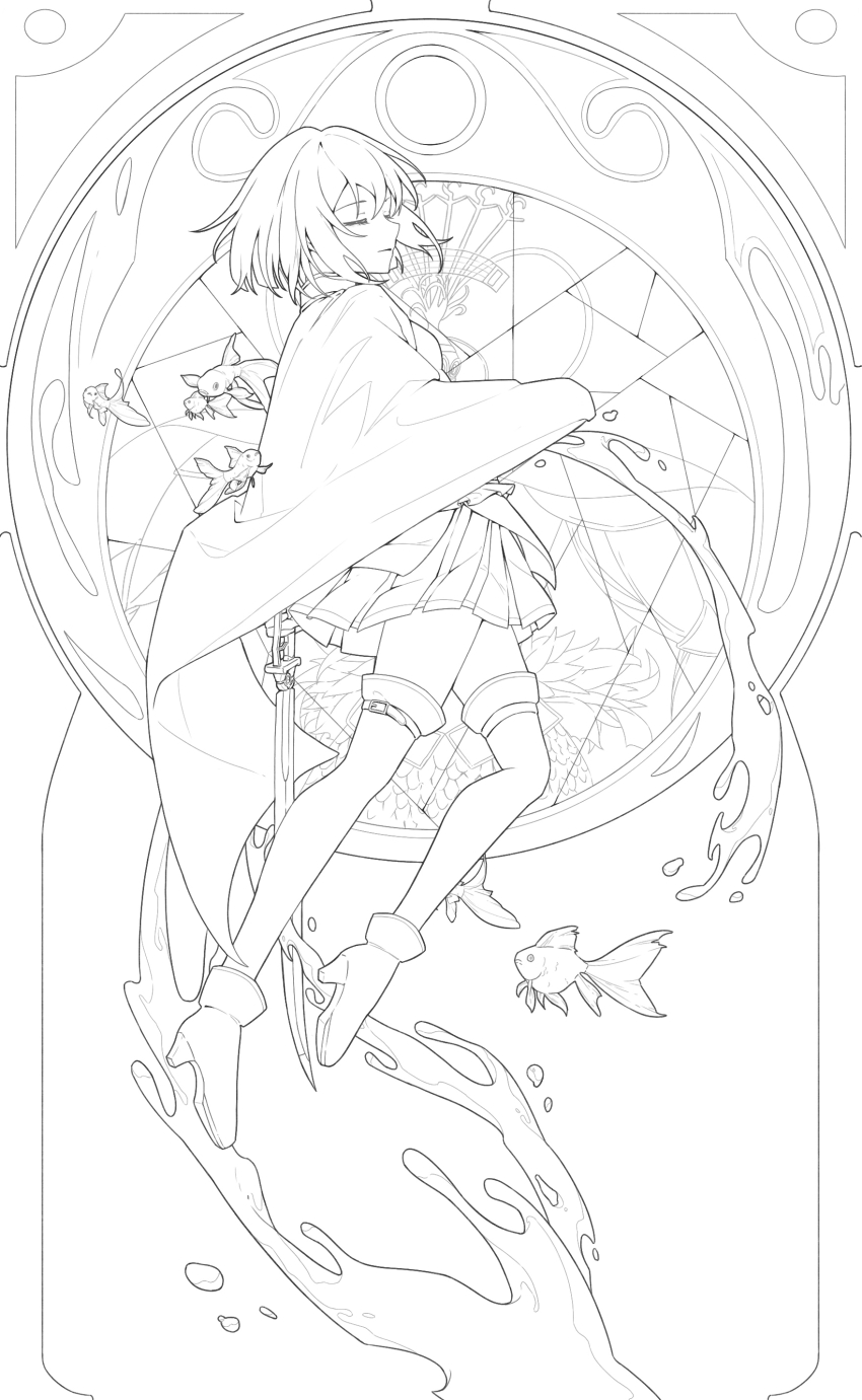 1girl absurdres belt belt_buckle boots buckle chinese_commentary circle closed_eyes closed_mouth collared_cape commentary_request dangao_(xinjinjumin5268881) expressionless fish floating floating_cape flying_fish frilled_shirt frills full_body high_collar high_heel_boots high_heels highres holding holding_sword holding_weapon lineart magical_girl mahou_shoujo_madoka_magica mahou_shoujo_madoka_magica_(anime) miki_sayaka miki_sayaka_(magical_girl) miniskirt oktavia_von_seckendorff pleated_skirt shirt short_hair skirt solo stained_glass sword thigh_belt thigh_strap thighhighs water water_drop weapon witch_(madoka_magica)