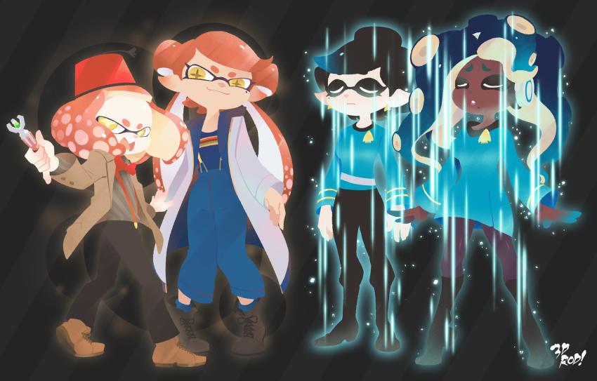 3d_rod! 4girls boots callie_(splatoon) closed_eyes cosplay crossover dark-skinned_female dark_skin doctor_who eleventh_doctor eleventh_doctor_(doctor_who) eleventh_doctor_(doctor_who)_(cosplay) fang fez_hat glowing highres hood hooded_jacket inkling jacket looking_at_viewer marie_(splatoon) marina_(splatoon) mole mole_under_eye multiple_girls nintendo octoling open_mouth pantyhose pearl_(splatoon) short_hair smile sonic_screwdriver splatoon_(series) splatoon_2 spock spock_(cosplay) standing star_trek star_trek:_the_original_series suspenders symbol-shaped_pupils tentacle_hair the_doctor_(doctor_who) thirteenth_doctor thirteenth_doctor_(doctor_who) thirteenth_doctor_(doctor_who)_(cosplay) uniform yellow_eyes