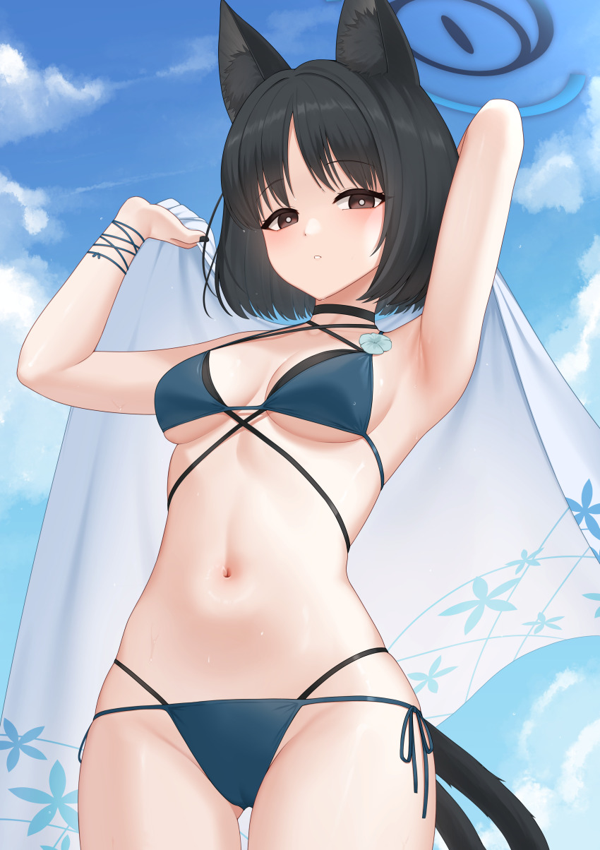 1girl absurdres animal_ear_fluff animal_ears arms_up bikini black_choker black_hair black_nails blue_archive blue_bikini blue_sky breasts brown_eyes cat_ears cat_tail choker cloud day highres holding holding_towel kikyou_(blue_archive) kikyou_(swimsuit)_(blue_archive) kurisu-kun medium_breasts navel outdoors parted_lips sky solo stomach swimsuit tail towel