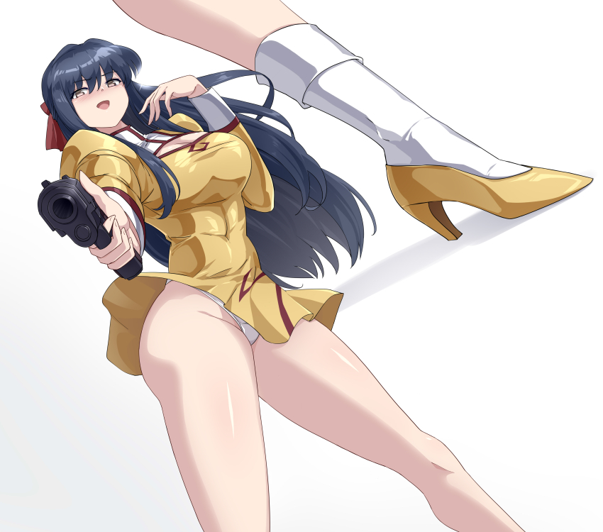 1girl absurdres agent_aika aika_(series) aiming aiming_at_viewer blue_hair blush bobby_socks breasts brown_eyes cleavage_cutout clothing_cutout commentary_request crotch_seam delmogeny_uniform dress golden_delmo gun handgun high_heels highres holding juliet_sleeves large_breasts long_hair long_sleeves panties pantyshot puffy_sleeves rie_petoriyacowa sin_(pixiv17875500) socks solo standing underwear weapon white_panties wind wind_lift yellow_dress zoom_layer