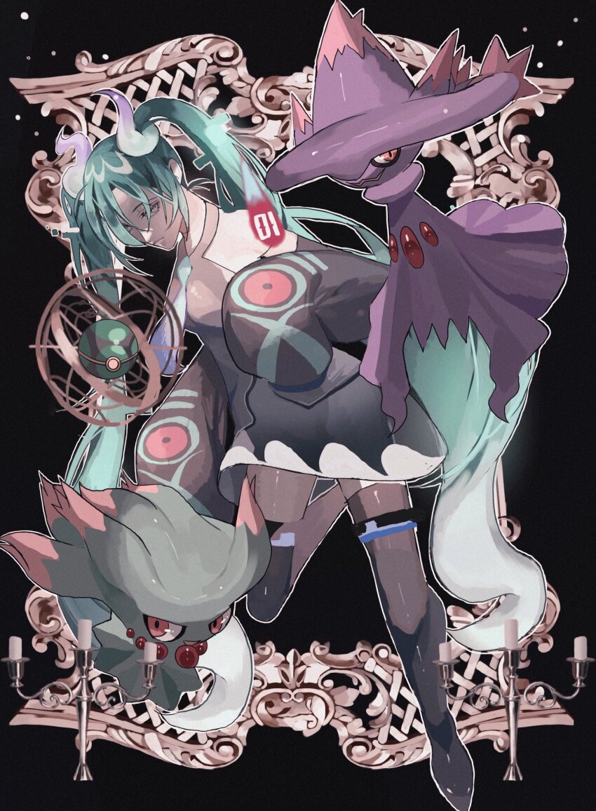 1girl black_background black_skirt black_sleeves black_thighhighs blue_necktie colored_sclera commentary detached_arm detached_legs detached_sleeves dusk_ball floating gen_2_pokemon gen_4_pokemon ghost_miku_(project_voltage) glitch grey_shirt hair_between_eyes hatsune_miku highres misdreavus mismagius necktie nintendo poke_ball pokemon pokemon_(creature) print_sleeves project_voltage red_eyes reo_(mmocc123) see-through_clothes see-through_skirt shirt simple_background skirt sleeveless sleeveless_shirt sleeves_past_fingers sleeves_past_wrists thighhighs twintails vocaloid yellow_sclera