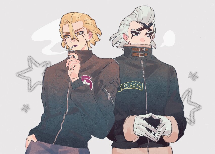 2boys almifiiiii black_eyes black_jacket blonde_hair cigarette dr._stone gloves grey_hair hair_between_eyes hair_slicked_back highres holding holding_cigarette jacket long_sleeves male_focus multiple_boys purple_lips short_hair smoke smoking stanley_snyder_(dr.stone) star_(symbol) white_gloves xeno_(dr.stone) yellow_eyes zipper