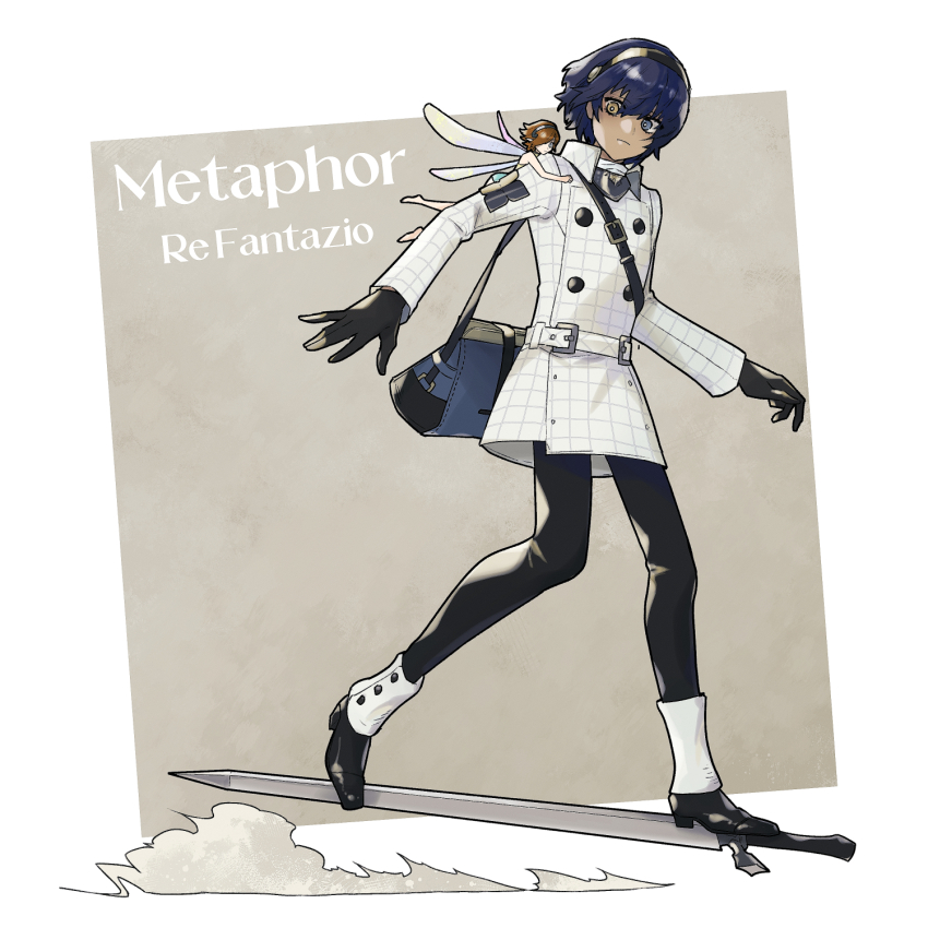 1boy 1girl bag barefoot belt_buckle black_footwear black_gloves black_pants blue_eyes blue_hair blue_jacket brown_hair buckle closed_mouth commentary_request copyright_name dark_blue_hair fairy fairy_wings fosaster_fenrir full_body gallica_(metaphor:_refantazio) gloves hair_between_eyes hairband heterochromia highres jacket long_sleeves metaphor:_refantazio on_shoulder pants protagonist_(metaphor:_refantazio) short_hair size_difference sword weapon wings yellow_eyes