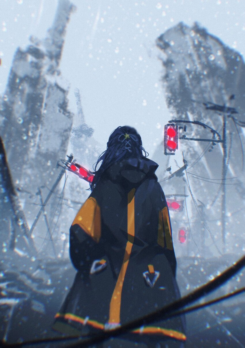 1girl i_my_mayday black_coat blue_ribbon coat facing_away from_behind grey_sky hair_ornament hair_ribbon highres hood hood_down hooded_coat l9525 link!_like!_love_live! long_sleeves love_live! murano_sayaka official_alternate_costume outdoors post-apocalypse ribbon ruins sky snowing solo standing star_(symbol) star_hair_ornament traffic_light virtual_youtuber