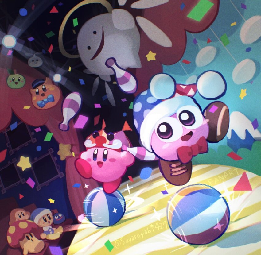ball beachball blue_bow blue_bowtie blue_eyes blush_stickers bow bowtie cappy_(kirby) circus_kirby clown confetti copy_ability dark_background gooey_(kirby) halo hat jester_cap juggling kirby kirby_(series) light marx_(kirby) mister_anglep nintendo no_humans open_mouth poppy_bros_jr propeller_(kirby) purple_eyes red_bow red_bowtie scarfy smile stage stage_lights suyasuyabi waddle_dee wings zero_two_(kirby)