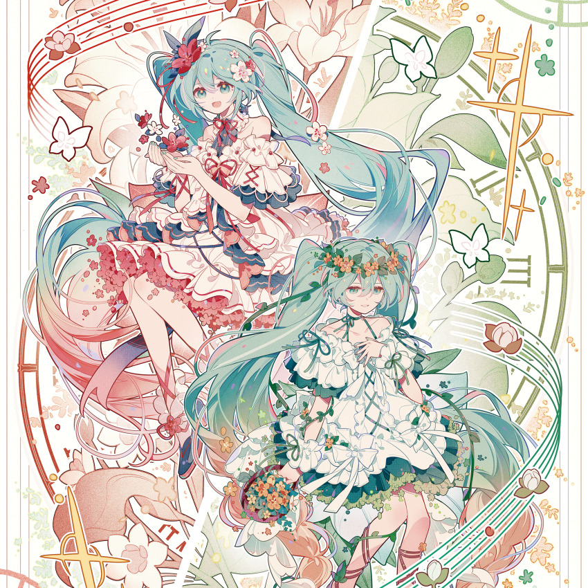 2girls absurdly_long_hair aqua_eyes aqua_hair artist_name back_bow bad_source bare_shoulders basket black_shirt black_shoes bow bowtie brown_sandals bud bug butterfly buttons center_frills character_name cherry_blossoms choker clockwork collarbone collared_shirt company_name copyright_name copyright_notice cross-laced_clothes cross-laced_dress cross-laced_sleeves detached_sleeves dot_nose dress dress_bow dual_persona eyelashes flower frilled_dress frilled_shirt_collar frilled_sleeves frilled_socks frills gradient_hair green_choker green_hair green_ribbon hair_between_eyes hair_flower hair_ornament halter_shirt halterneck hand_on_own_chest happy hatsune_miku head_wreath high_heel_sandals highres holding holding_basket insect leg_ribbon long_hair medium_dress multicolored_hair multiple_girls musical_staff neck_ribbon off-shoulder_dress off_shoulder official_art open_mouth petticoat pink_flower pink_hair pink_ribbon plant red_flower red_ribbon ribbon ribbon_legwear sandals shirt shirt_under_dress shoes short_sleeves sitting smile socks sparkle strap strapless strapless_dress tareme very_long_hair vines vocaloid watermark white_bow white_bowtie white_dress white_flower white_sleeves white_socks yellow_flower z6