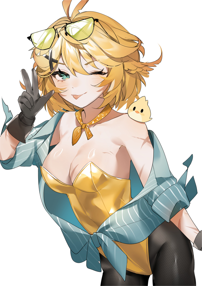 1girl ;p absurdres animal animal_on_shoulder aqua_eyes bird bird_on_shoulder black_gloves black_pantyhose blonde_hair breasts collarbone dokibird_(vtuber) dokibird_(vtuber)_(bounty_hunter) eyewear_on_head gloves highres indie_virtual_youtuber leotard medium_breasts one_eye_closed pantyhose scar scar_on_arm scar_on_breasts shiba_(iaps_1004) short_hair solo strapless strapless_leotard sunglasses tinted_eyewear tongue tongue_out v virtual_youtuber white_background yellow-tinted_eyewear yellow_leotard