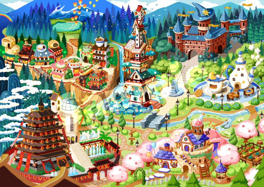 6+others aircraft architecture balloon barrel bird bridge building bush carousel castle chimney christmas_tree city cloud day dock fantasy fence ferris_wheel flag forest fountain highres house issiki_toaki ladder lake lamppost landscape lantern mountain multiple_others nature no_humans original outdoors pagoda path pine_tree railing railroad_tracks rainbow river road scenery sign sky snow snowman stairs star_(symbol) string_of_flags tower town train tree tree_stump village water watercraft waterfall windmill winter
