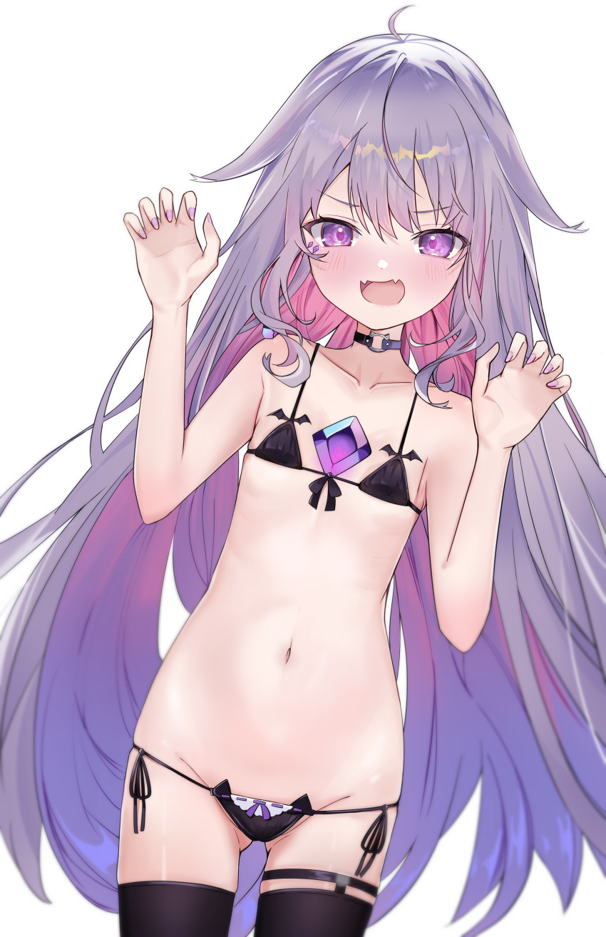1girl absurdres bikini black_bikini black_choker black_thighhighs castellayaki cat_ear_bikini chest_jewel choker claw_pose colored_inner_hair fangs flat_chest gem gluteal_fold gradient_hair highres hololive hololive_english jewel_under_eye koseki_bijou long_hair multicolored_hair navel open_mouth pink_hair purple_eyes purple_gemstone simple_background skin_fangs solo swimsuit thighhighs very_long_hair virtual_youtuber white_background