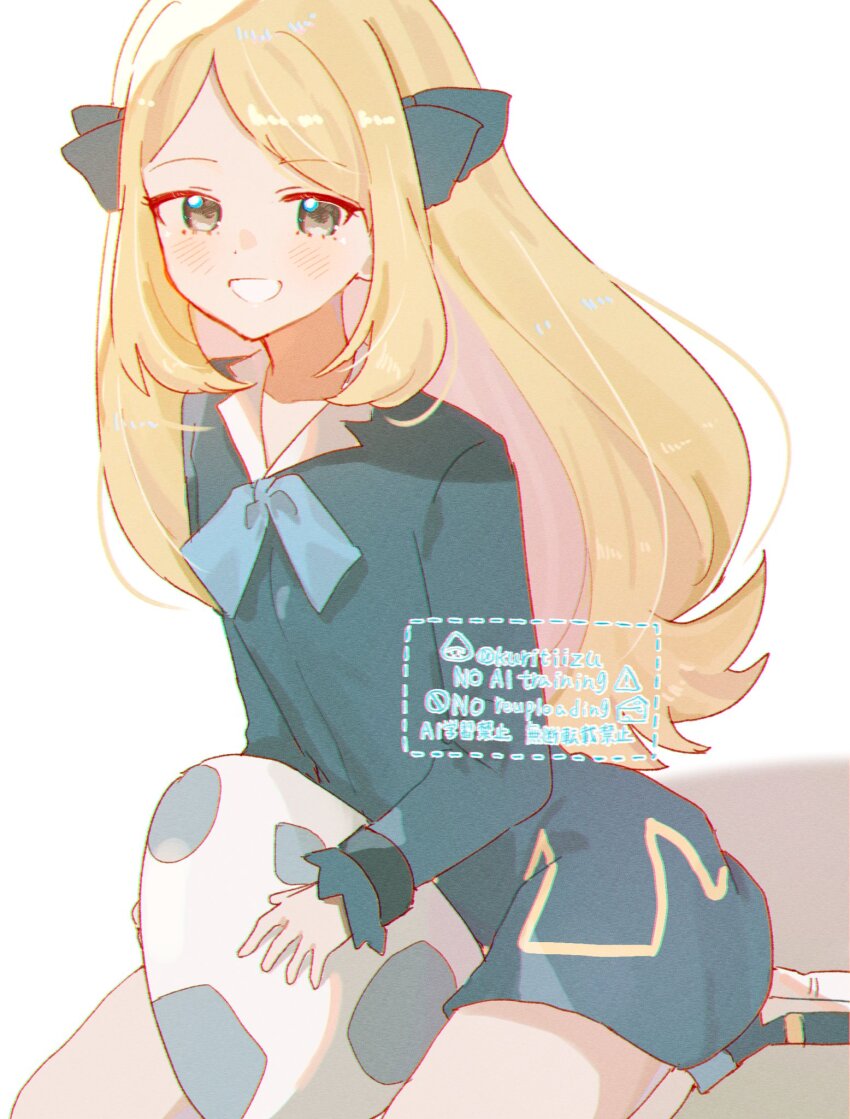 1girl :d black_dress black_ribbon blonde_hair cynthia_(pokemon) dress egg hair_ribbon highres kuritiizu long_hair long_sleeves looking_at_viewer nintendo open_mouth pokemon pokemon_(anime) pokemon_egg pokemon_journeys ribbon seiza sitting smile solo white_background