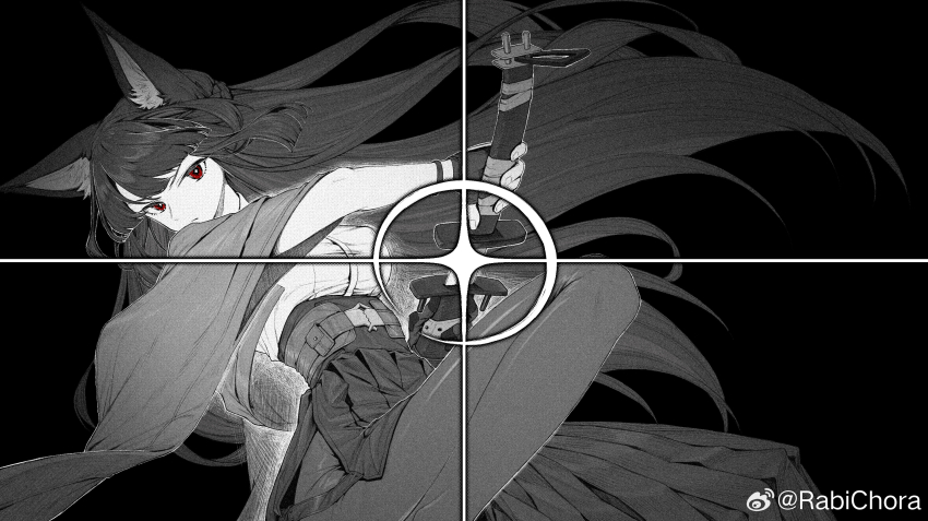 1girl animal_ear_fluff animal_ears artist_name asymmetrical_gloves black_background blunt_bangs chinese_commentary closed_mouth cowboy_shot cyta_celest fingerless_gloves fingernails fox_ears fox_girl gloves greyscale highres holding holding_sword holding_weapon hoshimi_miyabi long_hair looking_at_viewer mismatched_gloves monochrome pantyhose red_eyes serious sidelocks simple_background skirt social_media_composition solo spot_color sword watermark weapon weibo_watermark zenless_zone_zero