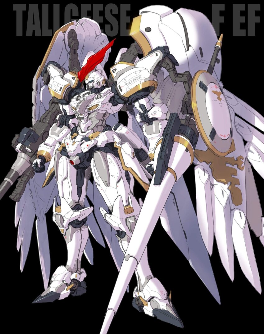 beam_rifle black_background blue_eyes character_name clenched_hands commentary_request energy_gun gundam gundam_wing gundam_wing:_endless_waltz highres lance maeda_hiroyuki mecha mechanical_wings mobile_suit no_humans polearm robot science_fiction shield solo standing tallgeese_flugel weapon wings