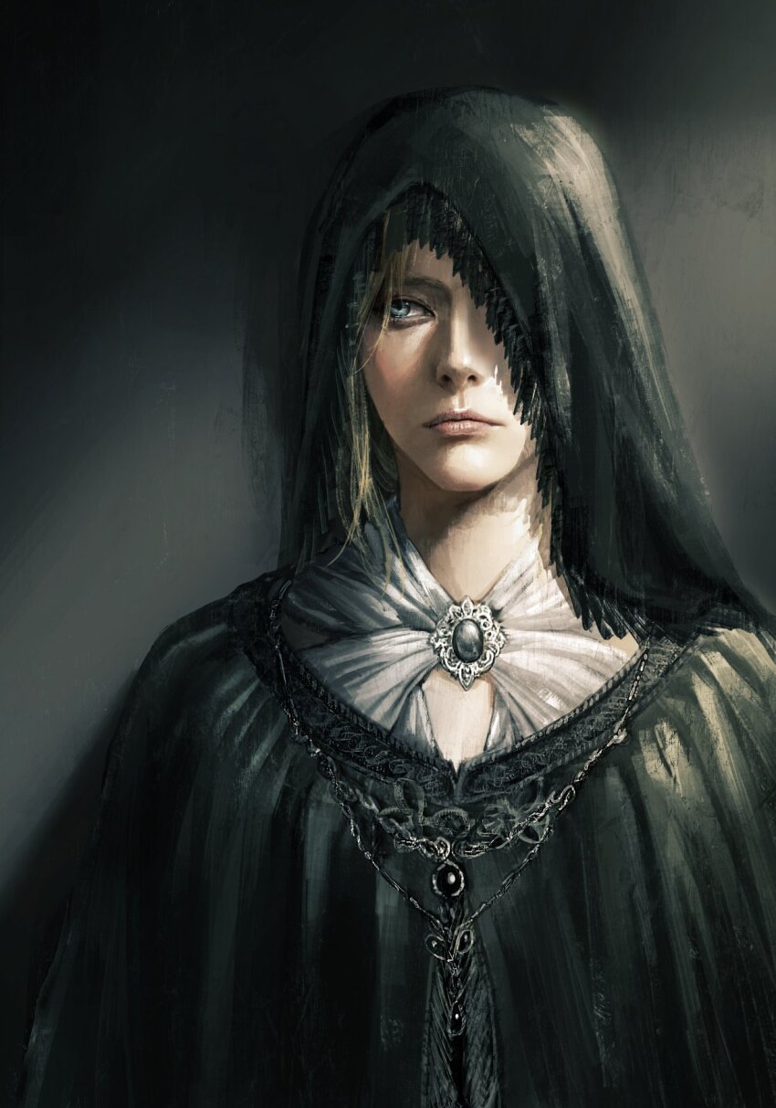 1girl black_cloak blonde_hair blue_eyes cloak elden_ring fia_the_deathbed_companion highres hood hood_over_one_eye hood_up hooded_cloak looking_to_the_side portrait solo tumitumico