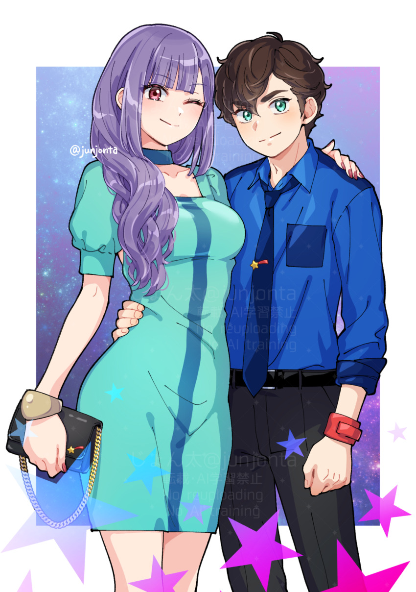 1boy 1girl alternate_hairstyle black_pants blue_necktie blue_shirt breasts dress green_dress green_eyes gundam gundam_zz hand_on_another&#039;s_shoulder highres judau_ashta junjonta looking_at_viewer necktie pants purple_hair red_eyes red_nails roux_louka shirt smile watermark