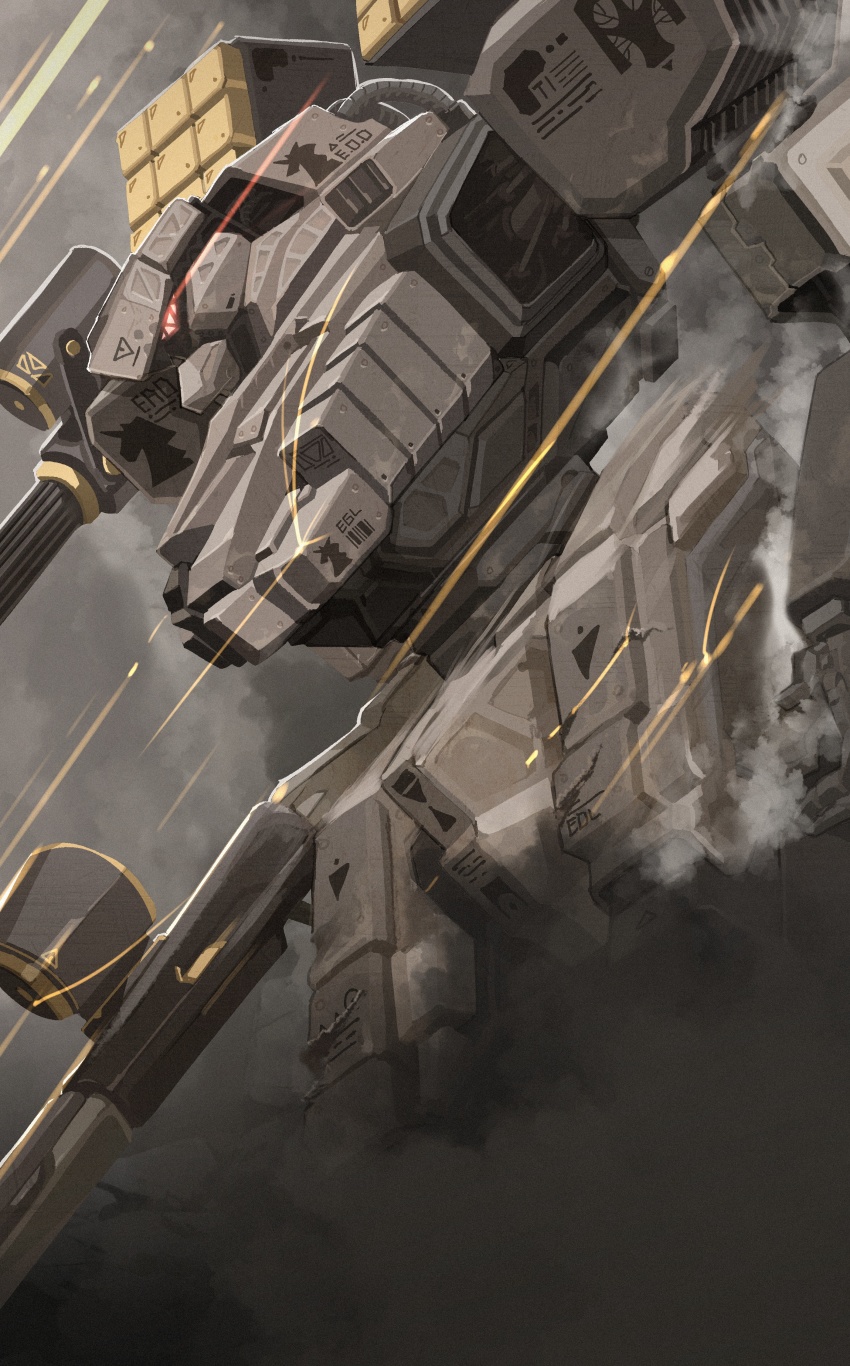 absurdres commentary cover cover_image cover_page english_commentary game_sog_cheonjae_mechanic gatling_gun gun highres holding holding_gun holding_weapon jin_rou mecha minigun missile_pod no_humans novel_cover official_art robot science_fiction smoke solo weapon