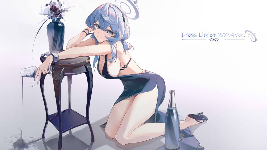 1girl absurdres ako_(blue_archive) ako_(dress)_(blue_archive) backless_dress backless_outfit blue_archive blue_dress blue_eyes blue_footwear blue_hair blue_halo blue_nails bottle bracelet breasts commentary_request cup dress drinking_glass evening_gown flower glass_bottle halo high_heels highres holding holding_cup kneeling large_breasts long_hair looking_at_viewer multiple_bracelets nail_polish official_alternate_costume plunging_neckline pouring refa sideboob sideless_dress simple_background single_handcuff smile solo splashing vase water white_background white_flower wine_glass