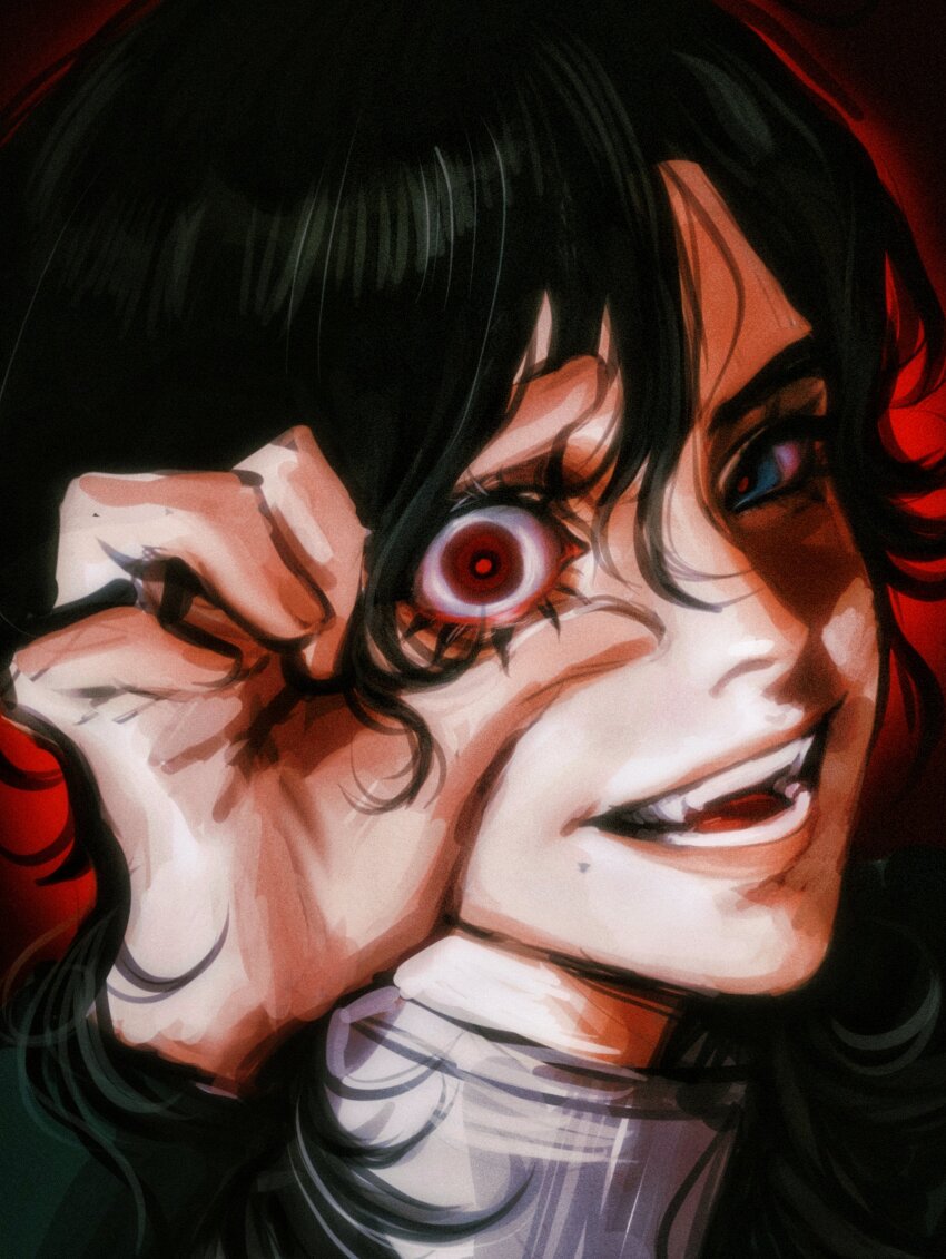 1boy absurdres black_background black_hair blue_eyes hand_on_own_face headshot highres holding_eye_open identity_v long_hair looking_at_viewer mole open_mouth qiu_shandai_jiayang_shu red_background red_eyes richard_sterling sharp_teeth smile teeth