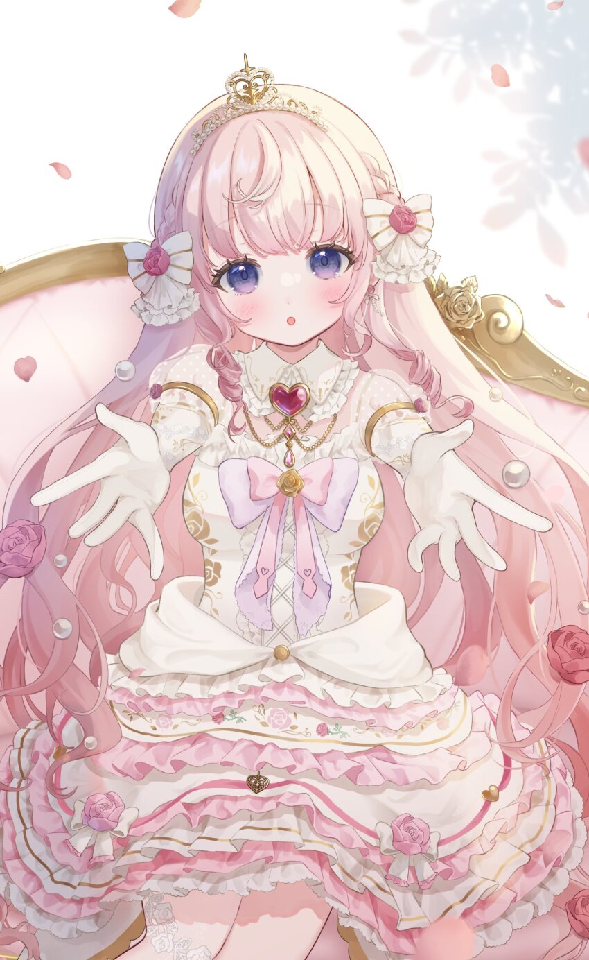 1girl absurdres blue_eyes blush bow brooch commentary commission dress drill_hair elbow_gloves flower gloves gomamiso_(gomagoma_bba) heart heart_brooch highres himeno_aimu indie_virtual_youtuber jewelry long_hair looking_at_viewer open_mouth petals pink_bow pink_flower pink_hair pink_rose princess rose side_drill skeb_commission solo tiara very_long_hair virtual_youtuber white_dress white_gloves