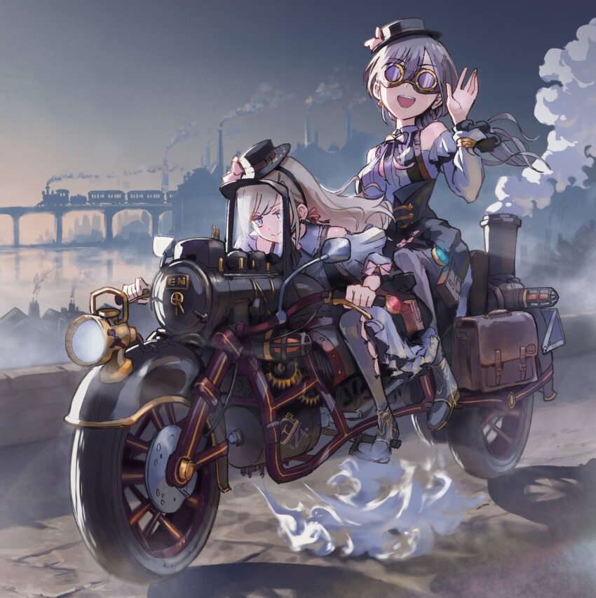 2girls :d bare_shoulders black_bow black_bowtie black_hat black_pantyhose black_skirt blue_eyes bow bowtie ceras_yanagida_lilienfeld closed_mouth clothing_cutout collared_shirt commentary_request edel_note facing_viewer full_body goggles grey_hair grey_shirt grey_sky hair_ribbon hat high-waist_skirt highres katsuragi_izumi lao_ren_xing link!_like!_love_live! long_hair long_sleeves looking_ahead love_live! motor_vehicle motorcycle multiple_girls official_alternate_costume on_motorcycle open_mouth outdoors pantyhose pink_ribbon retrofuture_(love_live!) ribbon shirt shoulder_cutout skirt sky smile split_mouth steam steampunk swept_bangs underbust v-shaped_eyebrows virtual_youtuber wavy_hair wolf_cut