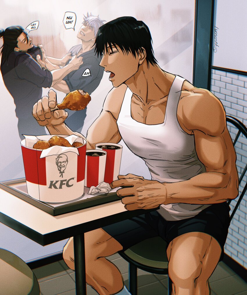 3boys black_hair black_shirt black_shorts bucket_of_chicken chicken_(food) english_text food fried_chicken fushiguro_touji getou_suguru gojou_satoru highres holding holding_food incoming_food jujutsu_kaisen kfc large_pectorals male_focus multiple_boys muscular muscular_male pectorals shirt short_hair shorts speech_bubble tank_top white_hair white_tank_top yuana