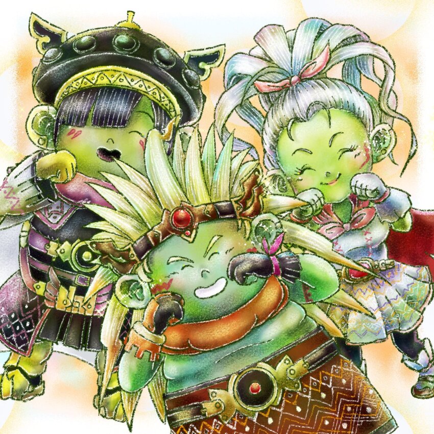 1girl 2boys arm_tattoo armor black_gloves black_hair black_hat black_pantyhose black_tunic blonde_hair boots bow bracelet brother_and_sister brothers chanmaru_8_time circlet closed_eyes colored_skin commentary_request cub_(dq10) curly_hair doltam dragon_quest dragon_quest_x dress earrings facial_mark fingerless_gloves gem gloves gold_bracelet gold_earrings gold_greaves greaves green_skin grin hair_bow hair_over_one_eye hair_pulled_back hat high_ponytail highres jewelry large_ears long_hair multiple_boys nanna_(dq10) neckerchief open_mouth pantyhose petite pink_bow pink_lips pink_neckerchief ponytail red_gemstone short_hair siblings smile spiked_hair tattoo topless_male tunic white_boots white_dress white_gloves white_hair