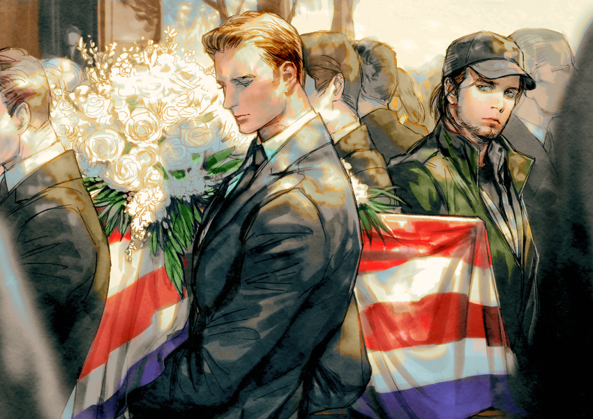 1girl 6+boys american_flag black_hair black_hat black_jacket black_necktie black_shirt blonde_hair blue_eyes brown_hair bucky_barnes captain_america:_civil_war captain_america_(series) closed_mouth coffin collared_shirt commentary english_commentary flower funeral green_jacket half-closed_eyes hat jacket juneseo lapels leaf long_sleeves looking_at_another looking_down male_focus marvel marvel_cinematic_universe multiple_boys necktie rose shirt short_hair steve_rogers visor_cap white_flower white_rose white_shirt