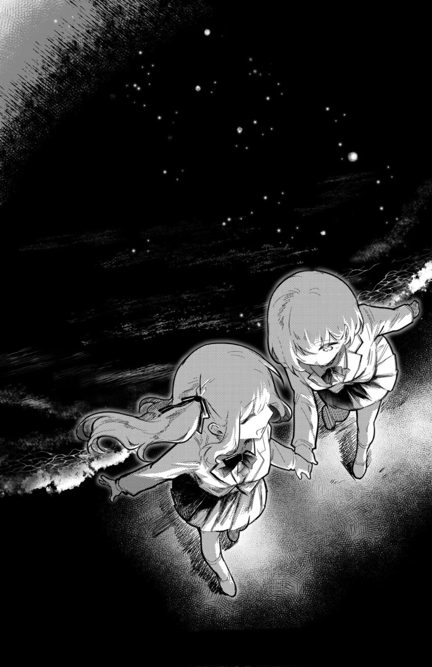2girls :d arcgi4 bang_dream! bang_dream!_it&#039;s_mygo!!!!! beach black_background blazer closed_eyes collared_shirt commentary dark_background dragging floating_hair from_above full_body greyscale hair_between_eyes hair_ribbon hashtag-only_commentary highres holding_hands jacket kneehighs light_particles long_hair long_sleeves looking_at_another miniskirt monochrome multiple_girls neck_ribbon one_eye_covered one_side_up open_mouth outstretched_arms parted_lips pleated_skirt ribbon shirt shoes shore short_hair side_ponytail sidelocks skirt smile socks takamatsu_tomori togawa_sakiko walking