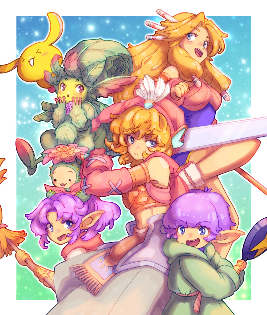 &gt;_&lt; 1other 2girls 3boys :d :o baggy_pants bare_shoulders blonde_hair blue_dress blue_eyes border broom bud_(lom) commentary crop_top curly_hair curtained_hair detached_sleeves dress frying_pan gold_armlet hair_tubes hat hat_feather highres holding holding_broom holding_frying_pan holding_sword holding_weapon hooded_robe imu_(lom) legend_of_mana lil&#039;_cactus lisa_(lom) long_hair medium_hair midriff multiple_boys multiple_girls naekam open_mouth pants plant plant_hair pointy_ears pointy_hat ponytail purple_hair rabite_(seiken_densetsu) red_eyes red_hat robe seiken_densetsu short_hair smile sproutling sword toto_(lom) triangle_mouth weapon white_border