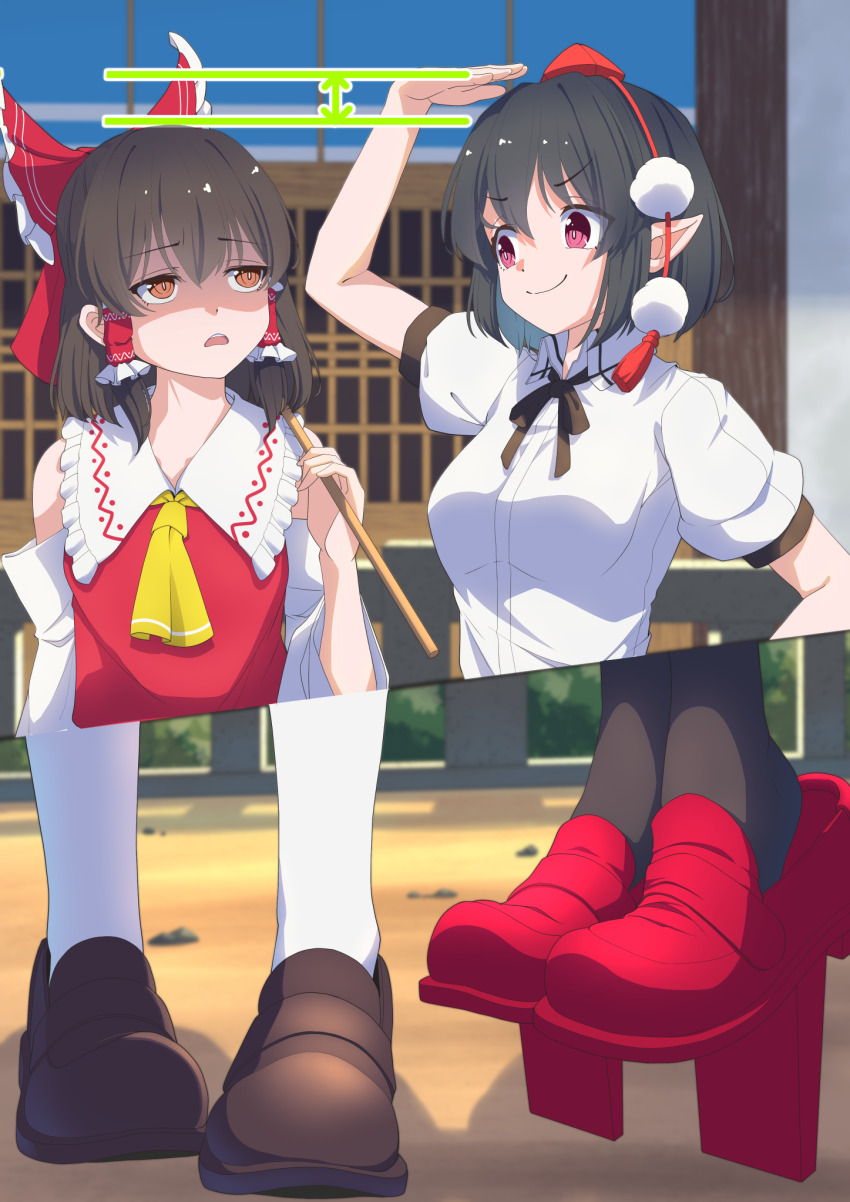 2girls amanoyayuki ascot black_hair black_ribbon bow brown_eyes brown_footwear brown_hair commentary_request detached_sleeves frilled_bow frilled_hair_tubes frills geta gohei hair_bow hair_tubes hakurei_reimu hat height_conscious height_difference high_heels highres holding holding_gohei long_hair multiple_girls neck_ribbon pointy_ears red_bow red_eyes red_footwear red_hat red_shirt ribbon shameimaru_aya shirt short_sleeves smile smug tengu-geta tokin_hat touhou white_shirt yellow_ascot