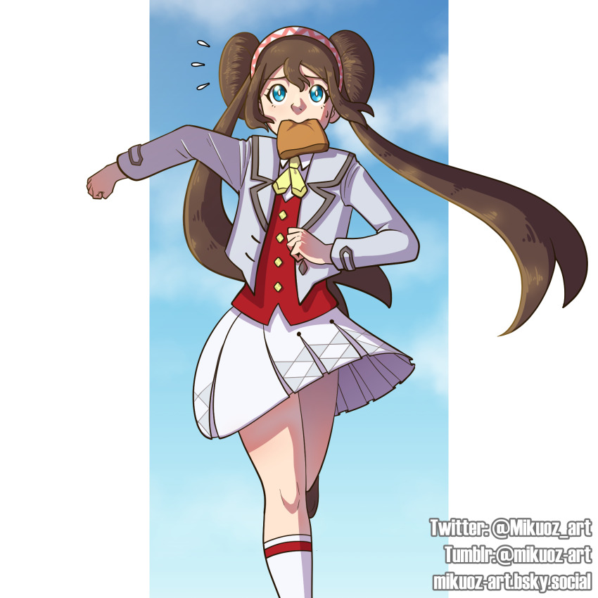 1girl blue_eyes bluesky_username bread bread_slice brown_hair double_bun flying_sweatdrops food food_in_mouth game_freak hair_bun highres kneehighs late_for_school mikuoz-art mouth_hold nintendo official_alternate_costume pokemon pokemon_masters_ex rosa_(academy)_(pokemon) rosa_(pokemon) running socks solo toast toast_in_mouth tumblr_username twitter_username