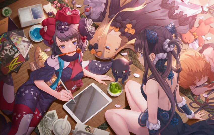 4girls abigail_williams_(fate) aora bare_shoulders black_bow black_dress blonde_hair bloomers blue_eyes blush bow braid breasts china_dress chinese_clothes closed_eyes detached_sleeves dress fate/grand_order fate_(series) forehead hair_bow hair_ornament hairpin hat highres imaginary_scramble japanese_clothes katsushika_hokusai_(fate) kimono large_breasts long_hair long_sleeves looking_at_viewer lying mouth_hold multiple_girls octopus on_side orange_bow orange_hair parted_bangs polka_dot polka_dot_bow purple_hair purple_kimono red_kimono revision ribbed_dress sash short_hair side_braid side_slit sidelocks sleeping sleeves_past_fingers sleeves_past_wrists small_breasts stuffed_animal stuffed_toy teddy_bear thighs tokitarou_(fate) twintails underwear van_gogh_(fate) van_gogh_(first_ascension)_(fate) very_long_hair white_bloomers wide_sleeves yang_guifei_(fate) yang_guifei_(second_ascension)_(fate)