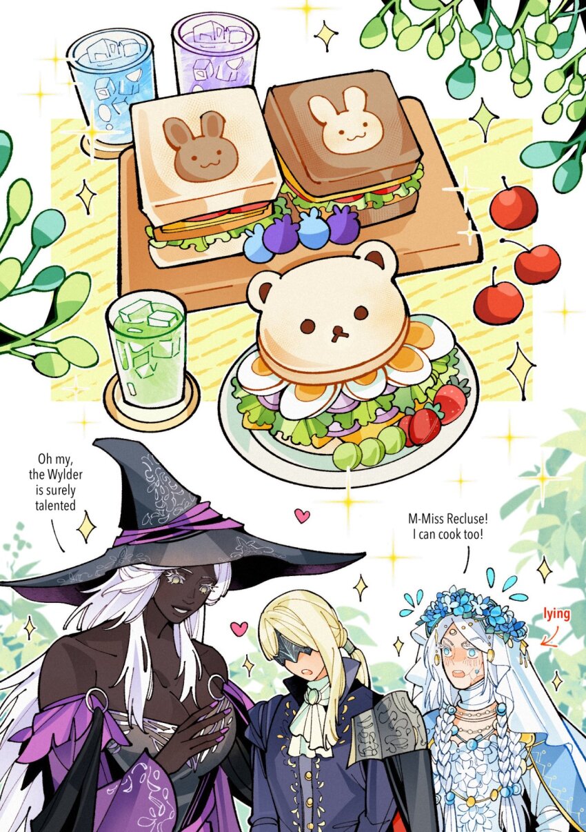 :o ascot blindfold blonde_hair blue_cape braid cape capelet colored_eyelashes comic cracked_skin dark_skin doll_joints drenched-in-sunlight duchess_(elden_ring) elden_ring elden_ring_nightreign english_text flower_wreath food gold_trim hat head_wreath heart highres joints long_hair low_ponytail low_twin_braids nail_polish parted_bangs pink_nails ponytail recluse_(elden_ring) revenant_(elden_ring) sparkle speech_bubble twin_braids upper_body veil very_dark_skin white_ascot white_background white_eyelashes white_veil witch witch_hat yellow_eyes