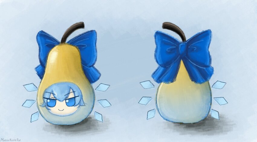 1girl blue_bow blue_eyes blue_hair bow cirno closed_mouth commentary english_commentary food fruit fumo_(doll) ice ice_wings looking_at_viewer marina_killer_red pear pearto short_hair smile touhou wings