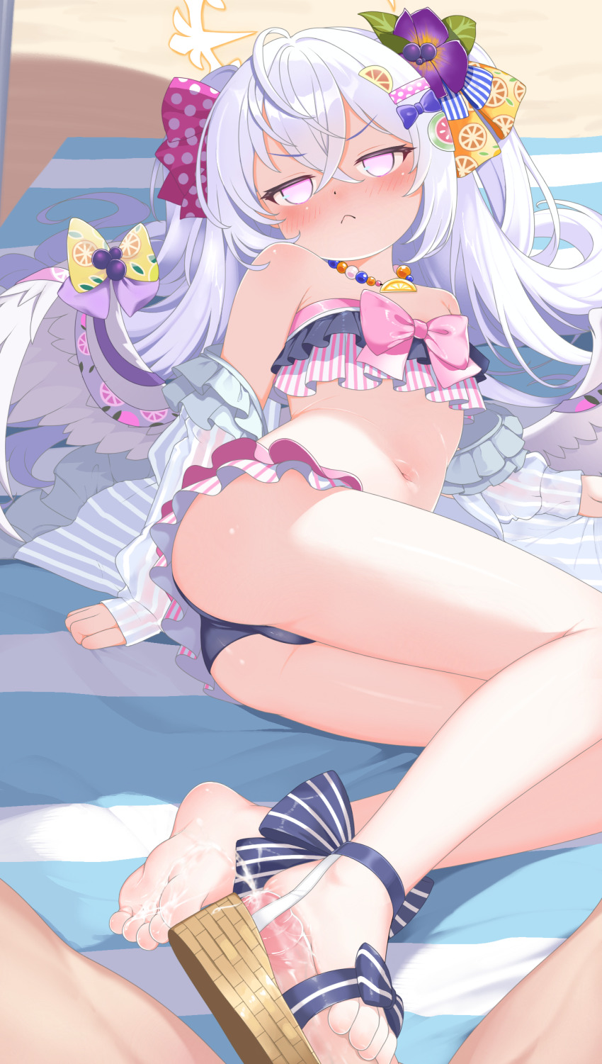 1boy 1girl :&lt; absurdres ahoge angel_wings ass azusa_(blue_archive) azusa_(swimsuit)_(blue_archive) bare_shoulders barefoot beach bead_necklace beads bikini blue_archive blush bow breasts censored closed_mouth crossed_bangs cum cum_on_body cum_on_feet didac_fantasy feathered_wings feet flower footjob frilled_bikini frills hair_between_eyes hair_bow hair_flower hair_ornament halo hetero highres jewelry legs loli long_hair looking_at_viewer lying navel necklace official_alternate_costume on_side penis pink_eyes purple_flower sandals soles solo_focus strapless strapless_bikini swimsuit toenails toes two-footed_footjob white_hair white_wings wings