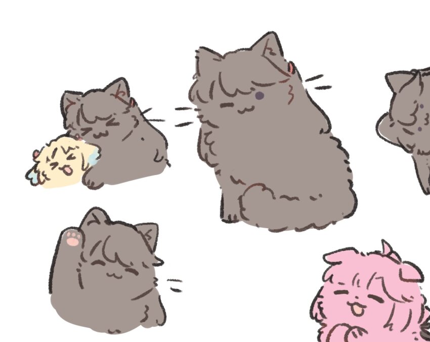 &gt;_&lt; :3 :d ;3 ^_^ animal animal_focus animalization anyoji_hime ao_kaeru arm_up black_ribbon cat closed_eyes commentary dog flower fujishima_megumi hair_flower hair_ornament hair_ribbon highres link!_like!_love_live! long_hair looking_at_viewer love_live! mira-cra_park! multi-tied_hair multiple_views no_humans one_eye_closed open_mouth osawa_rurino own_hands_together pink_flower ponytail purple_eyes ribbon smile twintails two_side_up virtual_youtuber x3 xd