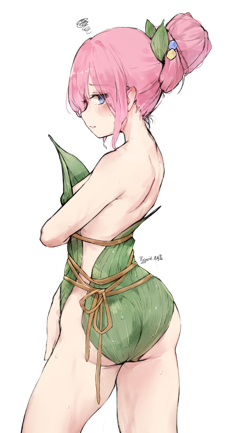 1girl absurdres alternate_costume artist_name bamboo_leaf blue_eyes blush bocchi_the_rock! commentary cowboy_shot cube_hair_ornament dragon_boat_festival food_costume from_side gotoh_hitori hair_bun hair_ornament highres leaf_hair_ornament looking_at_viewer naked_costume parted_lips pink_hair profile pugwit scribble sidelocks sideways_glance simple_background solo sweat water_drop white_background