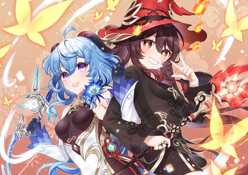 2girls ahoge amos&#039;_bow_(genshin_impact) artifact_(genshin_impact) bare_shoulders bell black_gloves black_nails black_pantyhose blue_flower blue_hair blush bow_(weapon) breasts brown_coat brown_hair bug butterfly chinese_knot coat coattails collared_coat detached_sleeves flower flower-shaped_pupils flower_knot ganyu_(genshin_impact) genshin_impact gloves gold_trim highres holding holding_bow_(weapon) holding_weapon horns hu_tao_(genshin_impact) insect jewelry long_hair looking_at_viewer medium_breasts multiple_girls multiple_rings neck_bell open_mouth pantyhose plum_blossoms purple_eyes red_eyes red_headwear ring short_shorts shorts sidelocks small_breasts smile staff_of_homa_(genshin_impact) symbol-shaped_pupils tateko25wiz twintails upper_body vision_(genshin_impact) weapon white_sleeves