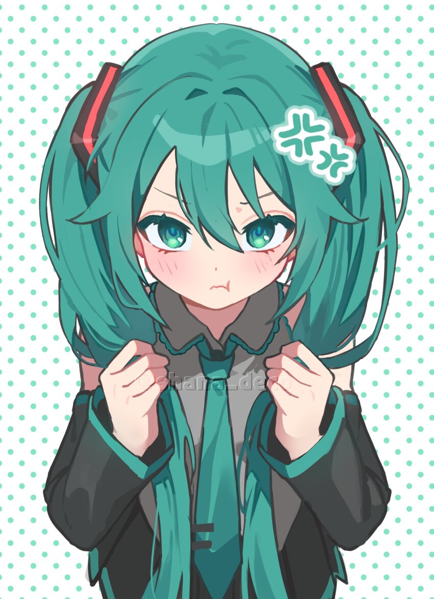 1girl :t aqua_eyes aqua_hair aqua_necktie aqua_trim black_skirt collared_shirt commentary_request dotted_background double-parted_bangs grabbing_own_hair grey_shirt hair_between_eyes hair_intakes hatsune_miku highres looking_at_viewer necktie pleated_skirt shana_deco shirt skirt solo vocaloid