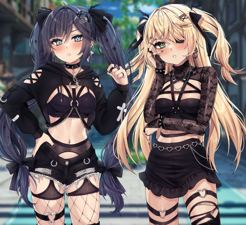 2girls absurdres alternate_costume arm_cutout arm_under_breasts belt black_bow black_hair black_nails black_shorts black_skirt blonde_hair blue_eyes blush bow bracelet breasts choker cleavage_cutout clothing_cutout cross earrings eyepatch fischl_(genshin_impact) fishnets garter_belt garter_straps genshin_impact goth_fashion green_eyes hair_bow hair_ornament hairclip hand_on_own_face hand_on_own_hip heart heart_o-ring highres jewelry looking_at_viewer medium_breasts midriff miniskirt mona_(genshin_impact) multiple_girls nail_polish navel navel_piercing necklace o-ring piercing ring short_shorts short_twintails shorts skirt spiked_bracelet spiked_choker spikes string_pull thigh_strap thighhighs torn_clothes torn_shorts twintails vitaminechan