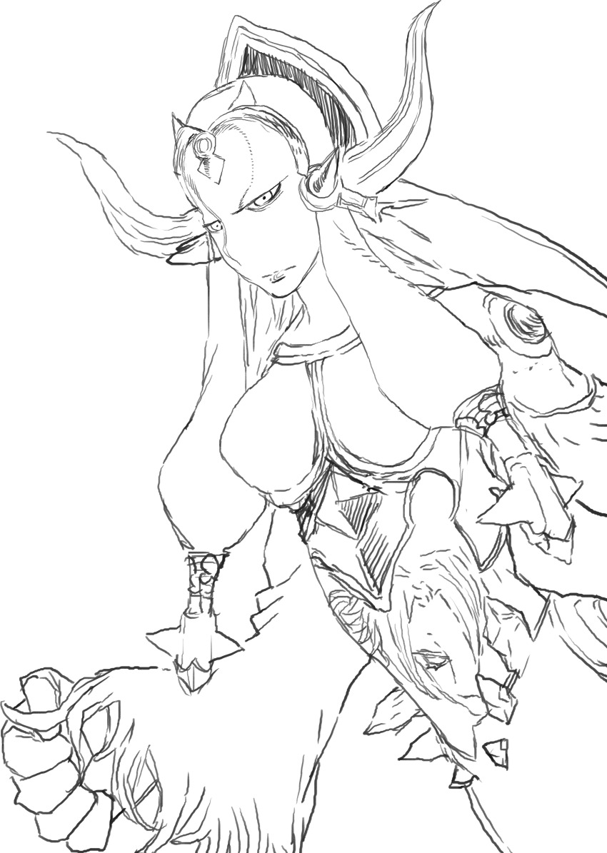 1girl 59rq grimms_notes horns mirror_plate_fiend_(grimms_notes) monochrome monster_girl sketch solo