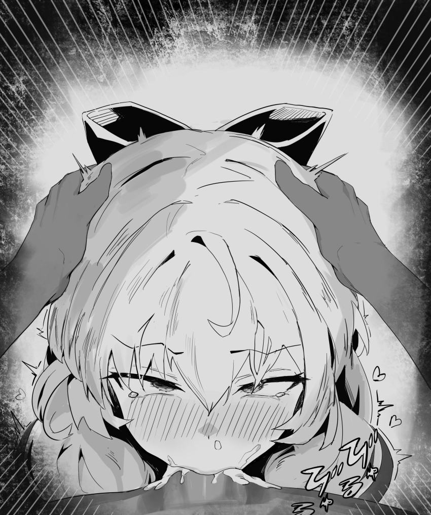1girl absurdres brown_dust_(series) brown_dust_2 cum cum_in_mouth deepthroat fellatio hair_ornament hands_on_another&#039;s_head highres liberta_(brown_dust_2) liberta_(dark_saintess)_(brown_dust_2) long_hair monochrome nun oral solo tearing_up ye_yue
