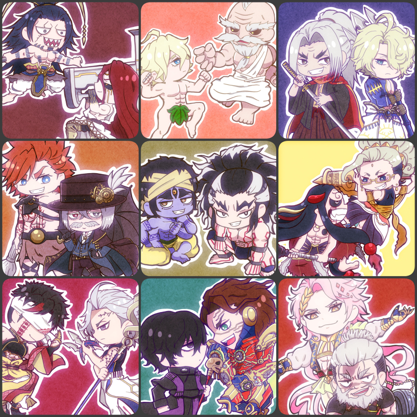 6+boys abs absurdres adam_(shuumatsu_no_valkyrie) ahoge alternate_color ancient_greek_clothes ankleband apollo_(shuumatsu_no_valkyrie) arm_tattoo armband armor armored_boots armored_gloves baggy_pants bandana bare_shoulders barefoot beads beard beelzebub_(shuumatsu_no_valkyrie) belt belt_pouch bindi black_armband black_background black_belt black_coat black_eyes black_footwear black_fundoshi black_gloves black_hair black_hakama black_haori black_hat black_pants black_robe black_scarf black_sclera black_shirt black_tank_top blindfold blonde_hair blue_armor blue_coat blue_eyes blue_gloves blue_hair blue_haori blue_kimono blue_pants blue_skin blue_tattoo boots bow brass_knuckles brooch brown_belt brown_eyes brown_hair brown_hakama buddha_(shuumatsu_no_valkyrie) camouflage camouflage_pants cape centipede_tattoo chain checkered_clothes checkered_scarf cheek_tattoo chest_protector chest_tattoo chibi chinese_clothes choker cigar clenched_hand clenched_hands closed_mouth cloth cloud_print club_(weapon) coat coat_on_shoulders colored_sclera colored_skin completely_nude covering_privates crown crown_hair_ornament crown_ornament curly_hair cybernetic cybernetic_parts cybernetics derutta diamond_(shape) diamond_hair_ornament ear_piercing earrings expressionless extra_arms extra_eyes facial_hair facial_mark facial_scar facial_tattoo fang fangs finger_tattoo fingerless_gloves floral_print forehead_mark forehead_tattoo formal_clothes frown full_body fundoshi furrowed_brow gear_hat_ornament gears gem geta gladiator_sandals glasses gloves goatee gold_armor gold_brooch gold_buckle gold_choker gold_crown gold_earrings gold_footwear gold_gloves gold_ribbon gold_robe gold_tattoo gold_trim golden_armlet greco-roman_clothes green_background green_eyes green_gloves grey_eyes grey_hair hades_(shuumatsu_no_valkyrie) hair_beads hair_between_eyes hair_bun hair_ornament hair_over_one_eye hair_ribbon hakama half-closed_eyes hand_up hands_up haori hat hat_ornament head_rest heracles_(shuumatsu_no_valkyrie) heterochromia high_collar highres holding holding_cigar holding_club holding_polearm holding_shield holding_staff holding_sword holding_umbrella holding_weapon hole hole_in_chest hole_on_body horns jack_the_ripper_(shuumatsu_no_valkyrie) jacket japanese_clothes jewelry jitome katana kimono knee_pads kneeband lance laurel_crown laurel_wreath leaf leaf_censor leaf_tattoo leg_strap leonidas_(shuumatsu_no_valkyrie) lion_head_(ornament) long_hair long_sleeves looking_at_another looking_at_viewer loose_hair_strand lower_teeth_only lu_bu_(shuumatsu_no_valkyrie) male_focus messy_hair mjolnir multicolored_armor multicolored_hair multiple_belts multiple_boys multiple_earrings multiple_eyes muscular muscular_male mustache nail_armor nikola_tesla_(shuumatsu_no_valkyrie) no_eyebrows notched_ear nude obi off_shoulder okita_souji_(shuumatsu_no_valkyrie) old old_man open_mouth orange_background orange_hair orange_kimono orange_robe pants partially_fingerless_gloves pauldrons pectoral_cleavage pectorals piercing pink_glasses pink_hair polearm ponytail poseidon_(shuumatsu_no_valkyrie) pouch purple_background purple_cloth purple_eyes purple_kimono purple_sash purple_shirt qin_shi_huang_(shuumatsu_no_valkyrie) raiden_tameemon_(shuumatsu_no_valkyrie) rectangular_eyewear red_armor red_background red_bow red_cape red_eyes red_gemstone red_hair red_horns red_pants red_robe red_rope red_sash red_tassel red_tattoo revealing_clothes ribbon robe rope rope_belt sandals sasaki_kojirou_(shuumatsu_no_valkyrie) sash scar scar_across_eye scar_on_arm scar_on_cheek scar_on_face scar_on_forehead scar_on_nose scarf shaded_face sharp_teeth shield shirt shirtless_male shiva_(shuumatsu_no_valkyrie) short_hair shoulder_armor shoulder_guard shoulder_tattoo shuumatsu_no_valkyrie sideways_glance single_earring sitting skull skull_staff sleeveless sleeveless_shirt smile smoking socks spiked_choker spiked_hair spikes squatting staff standing steampunk streaked_hair suit sumo sunken_eyes susano&#039;o_no_mikoto sword tank_top tassel tassel_earrings tattoo teeth thick_eyebrows third_eye thor_(shuumatsu_no_valkyrie) toeless_footwear toga toned toned_male top_hat topknot topless_female trident two-sided_fabric two-tone_hair two-tone_robe umbrella very_long_hair victorian waist_cape weapon white_footwear white_hair white_pants white_robe white_sash white_scarf white_shirt white_sleeve white_socks wrinkled_skin wrist_tattoo wristband yellow_background yellow_bandana yellow_eyes yellow_pants yellow_robe yellow_trim zerofuku_(shuumatsu_no_valkyrie) zeus_(shuumatsu_no_valkyrie)