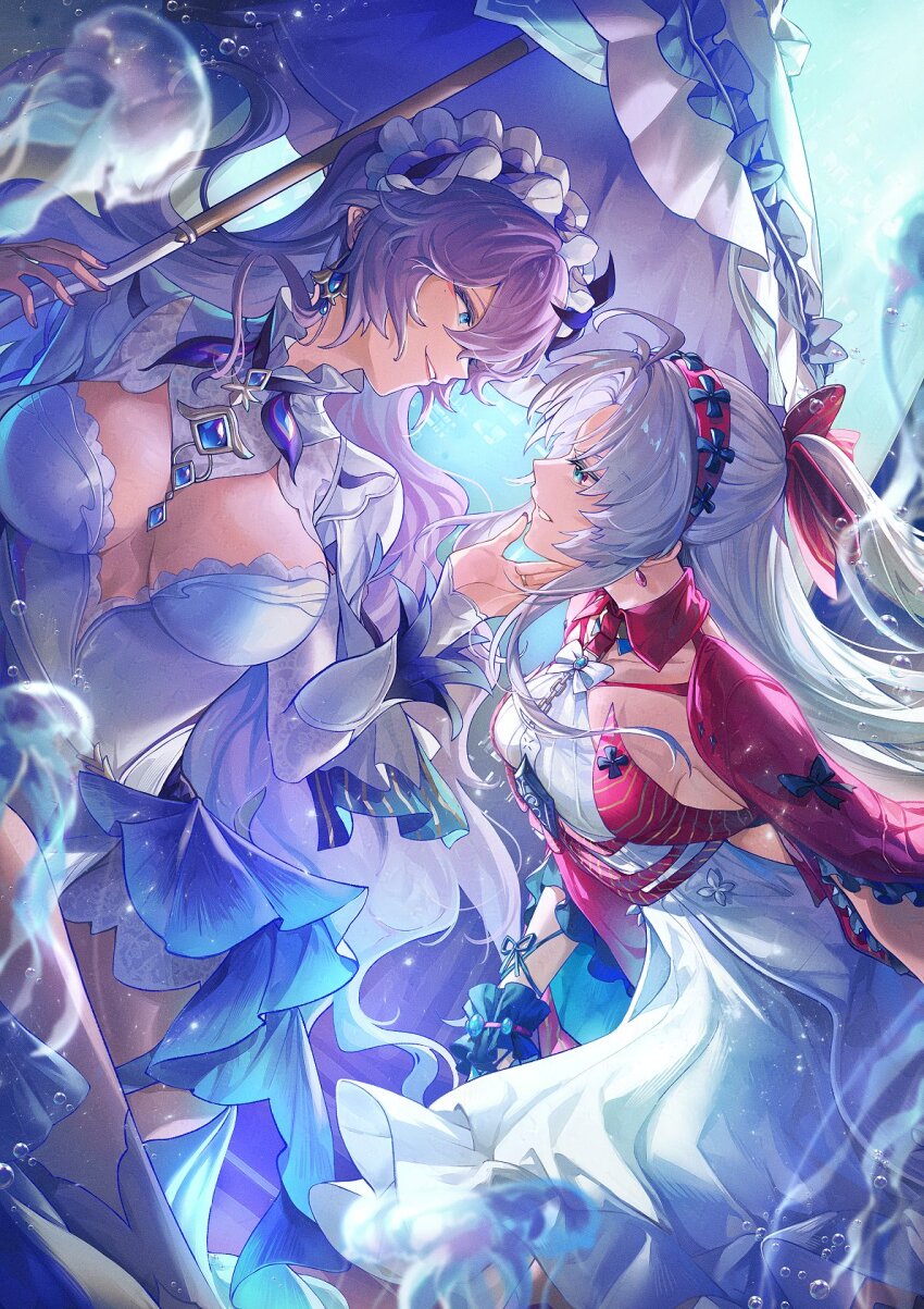 2girls blue_eyes bow breasts cantarella_(wuthering_waves) carlotta_(wuthering_waves) clenched_teeth commentary dress earrings english_commentary eye_contact hair_bow hairband hand_on_another&#039;s_face headdress highres holding holding_umbrella jacket jellyfish jewelry large_breasts long_hair looking_at_another multiple_girls nail_polish parasol parted_lips pink_bow pink_hairband pink_jacket purple_hair purple_nails purple_umbrella redricewine rivalry shrug_(clothing) small_breasts smile teeth umbrella white_dress white_hair white_shrug wuthering_waves