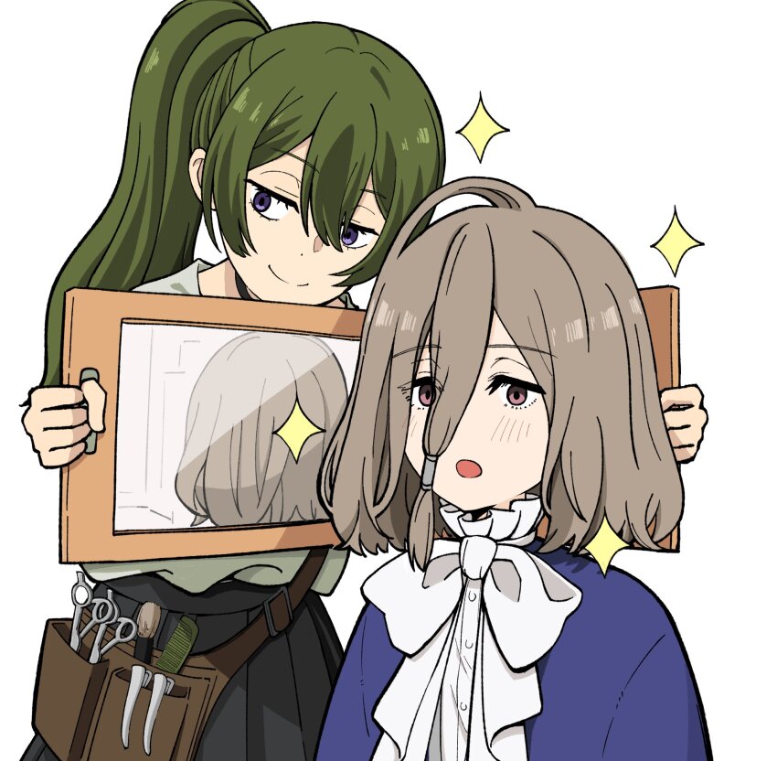 2girls :o alternate_hair_length alternate_hairstyle barber blue_capelet bow bowtie capelet comb commentary_request green_hair highres holding holding_mirror mirror multiple_girls oxymoron_0213 purple_eyes scissors sense_(sousou_no_frieren) side_ponytail simple_background smile sousou_no_frieren sparkle split_mouth ubel_(sousou_no_frieren) upper_body white_background white_bow white_bowtie