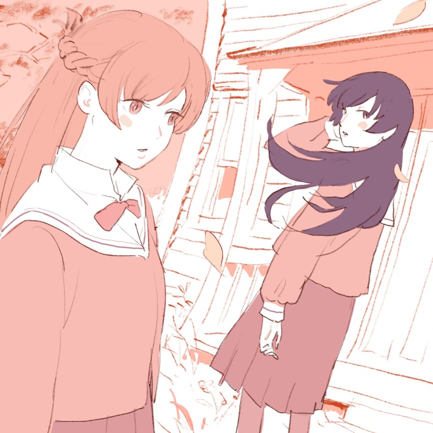 2girls 55bata6rou adjusting_hair braid building dress hand_up highres long_hair long_sleeves looking_at_another looking_back multiple_girls nanami_touko outdoors partially_colored petals pleated_dress saeki_sayaka school_uniform shirt standing tohmi_higashi_high_school_uniform yagate_kimi_ni_naru