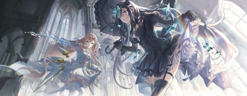 2girls arcaea bare_shoulders black_dress black_gloves black_hair blue_eyes blunt_bangs bow breasts cleavage collarbone crystal_wings detached_wings dress earrings flower garter_straps gloves hair_bow hair_ornament hikari_(arcaea) hikari_(fatalis)_(arcaea) jewelry large_breasts long_hair long_sleeves mechanical_wings medium_breasts multiple_girls pink_bow pink_eyes pink_flower pink_hair sidelocks solo tairitsu_(arcaea) tairitsu_(tempest)_(arcaea) thighhighs thighs user_xcuu2448 white_dress white_gloves white_thighhighs wide_sleeves wings