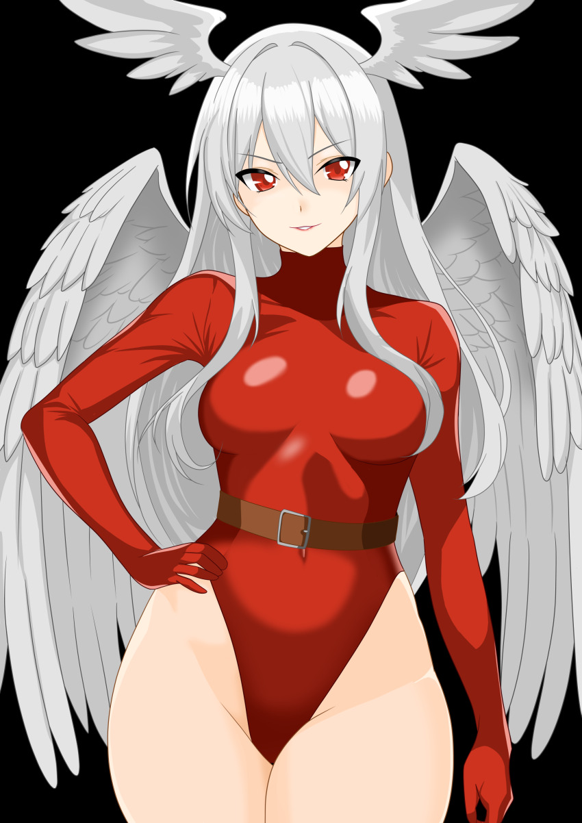 1girl absurdres angel_wings belt breasts covered_navel final_fantasy final_fantasy_tactics gloves groin head_wings highleg highleg_leotard highres leotard lips long_hair looking_at_viewer red_eyes red_leotard simple_background smile solo ultima_(fft) white_hair wings yuuyuu_(3jjbn)