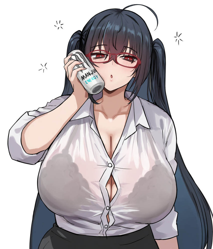 1girl ahoge azur_lane black_bra black_hair black_skirt blush bra bra_visible_through_clothes breasts bursting_breasts button_gap can can_to_cheek cleavage collarbone erufura fingernails glasses hair_between_eyes highres huge_breasts long_hair long_sleeves looking_at_viewer monster_energy nail_polish open_mouth pink_nails red-framed_eyewear red_eyes shirt simple_background skirt solo squeans taihou_(azur_lane) two_side_up underwear white_background white_shirt
