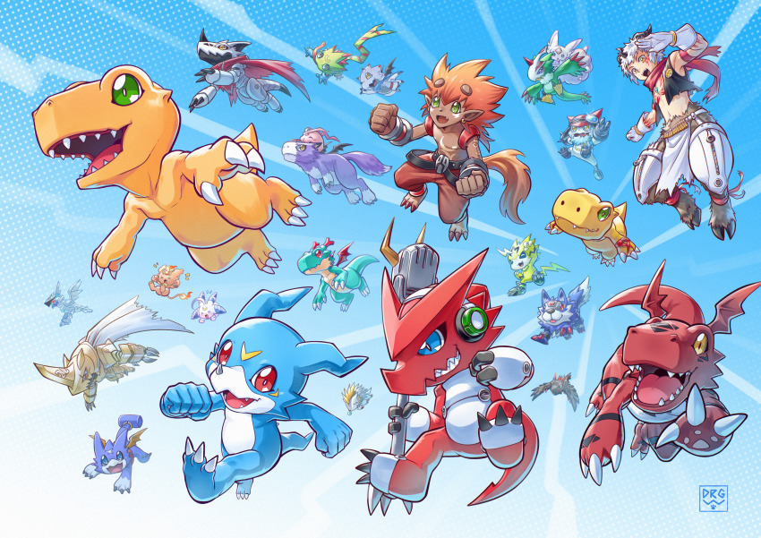 2boys absurdres aegiomon agumon agumon_(digimon_savers) animal_legs appmon bird black_vest black_wings blue_background blue_eyes body_fur brown_fur chest_jewel cloak coronamon digimon digimon_(creature) digimon_adventure digimon_adventure_02 digimon_alysion digimon_beatbreak digimon_card_game digimon_frontier digimon_ghost_game digimon_linkz digimon_rearise digimon_savers digimon_seekers digimon_story:_sunburst_and_moonlight digimon_story:_time_stranger digimon_tamers digimon_universe:_appli_monsters digimon_xros_wars digimon_xros_wars:_toki_wo_kakeru_shounen_hunter-tachi digital_monster_x-evolution dinosaur dorumon dracomon dragon dragonwilbert everyone facial_mark flamon forehead_jewel gammamon gatchmon gecko gekkomon gemmon green_eyes grey_hair group_picture guilmon gumdramon hackmon_(digimon) hedgehog herissmon highres holding holding_microphone_stand horns jazamon lion lizard long_tongue loogamon lunamon microphone_stand multiple_boys no_shirt non-humanoid_robot pteromon pulsemon rabbit red_cloak red_wings robot robot_animal robot_bird shoutmon simple_background tokomon tokomon_x-antibody tongue tongue_out trait_connection v-mon vest vorvomon watermark wings wolf zubamon