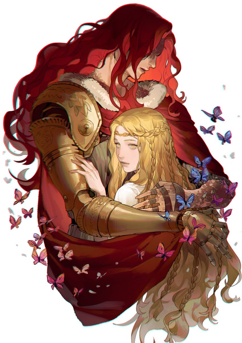 1boy 1girl bandages blonde_hair blue_butterfly braid bright_pupils brother_and_sister brown_dress btraven bug butterfly circlet cropped_torso dress elden_ring glowing height_difference highres insect long_hair looking_at_viewer malenia_blade_of_miquella miquella_(elden_ring) multiple_braids no_eyes prosthesis prosthetic_arm red_butterfly red_cap red_hair siblings trap twins wavy_hair white_background white_dress white_pupils yellow_eyes